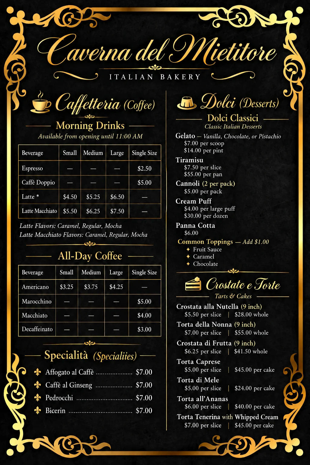 Caverna del Mietitore printed coffee and desserts menu